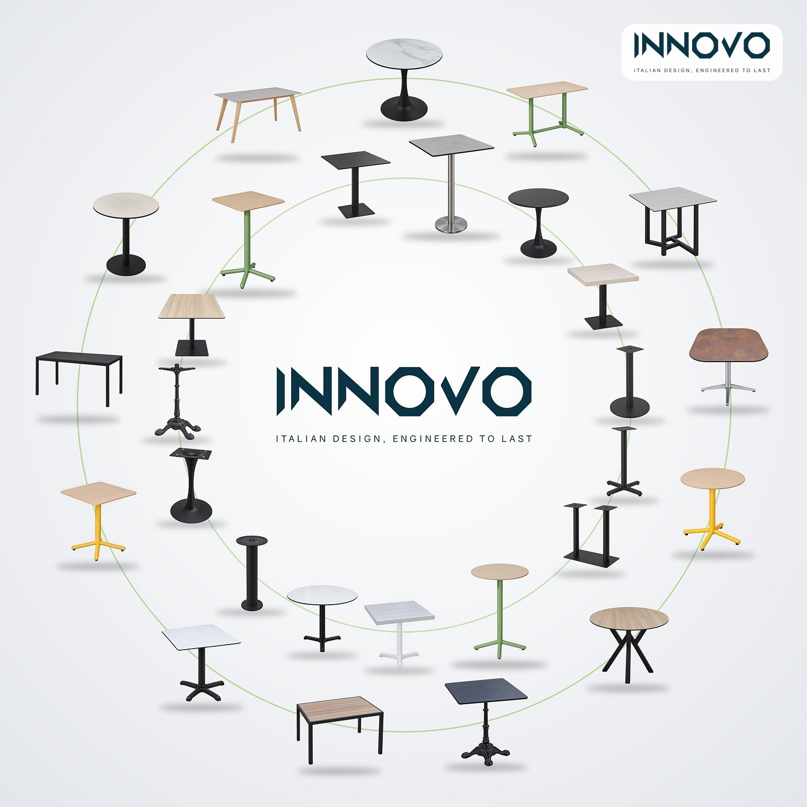 INNOVO café, dining and bar tables arranged in two circles around the INNOVO logo