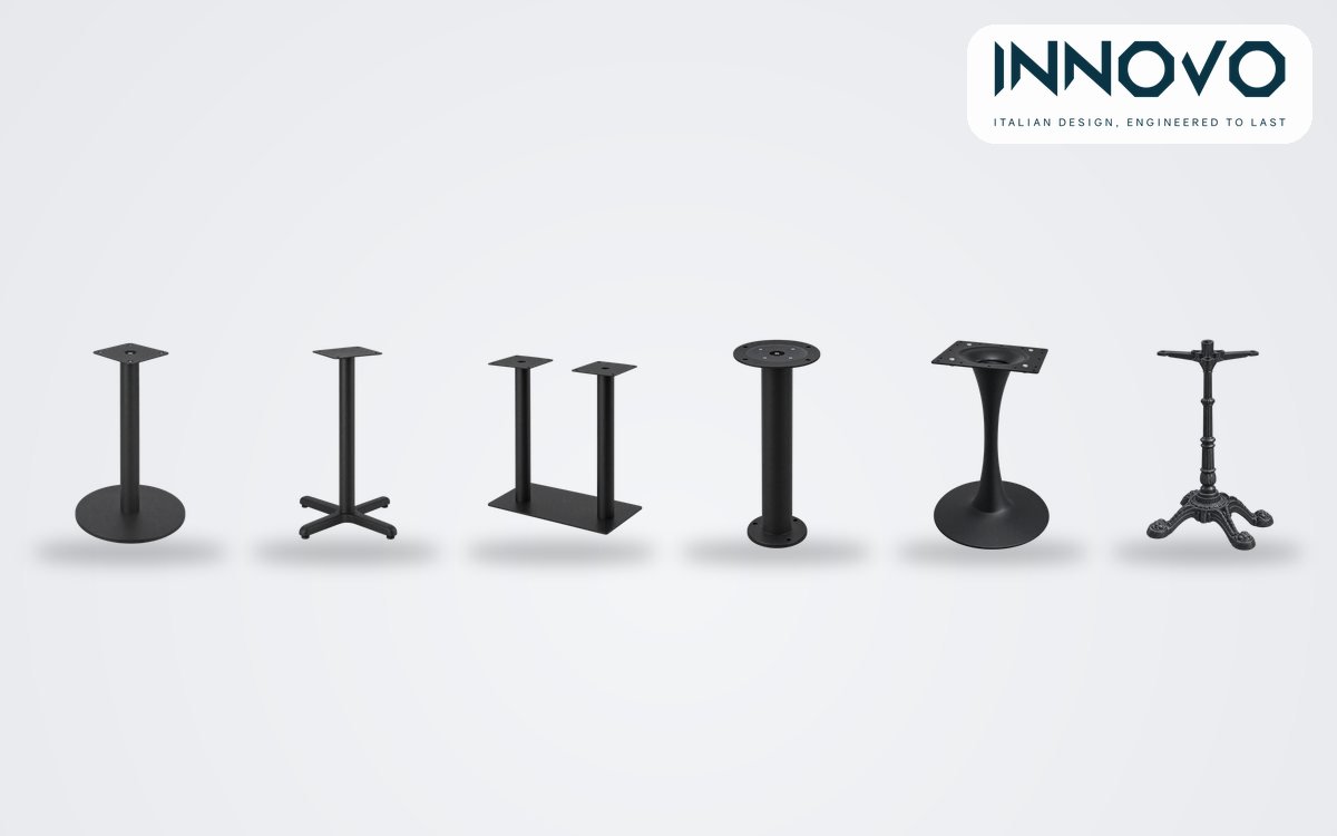 INNOVO black steel table bases: round movable, cross, double, round fixed, single tulip and rustic cast iron