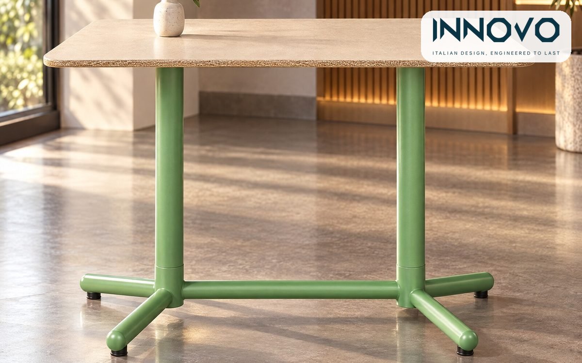 LOOP and FINN family tables with oak HPL tops and coloured four-star bases